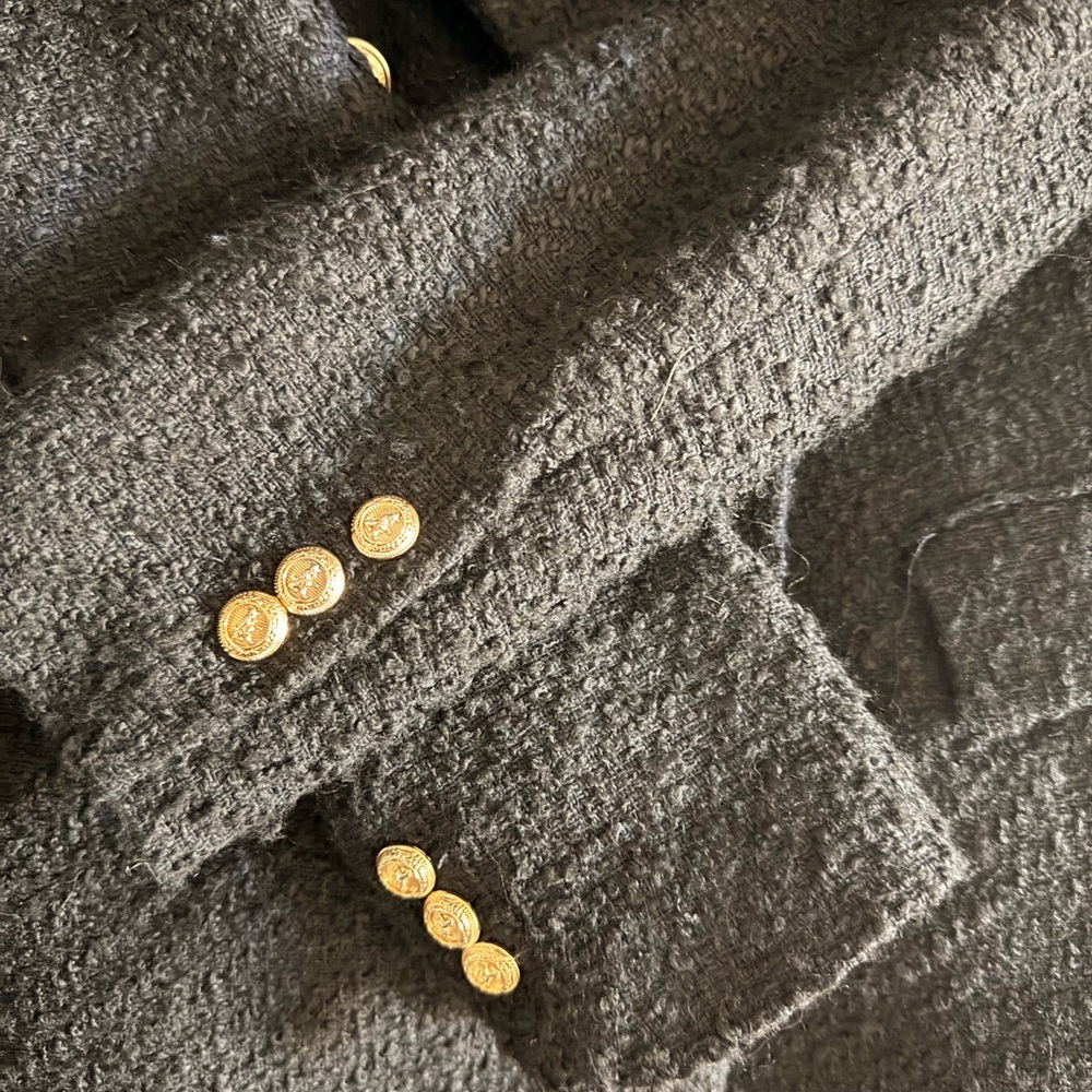 Zara Black Tweed Double Breasted Blazer Gold Button Jacket Classic Chic - Picture 6 of 6